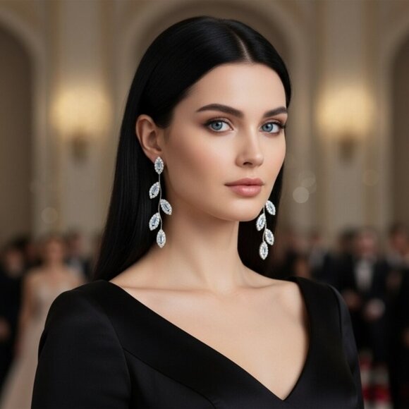 Leaf Drop Earrings Silver Plated S925 CZ Minimalist Statement Sparkling Dangles - Picture 7 of 12